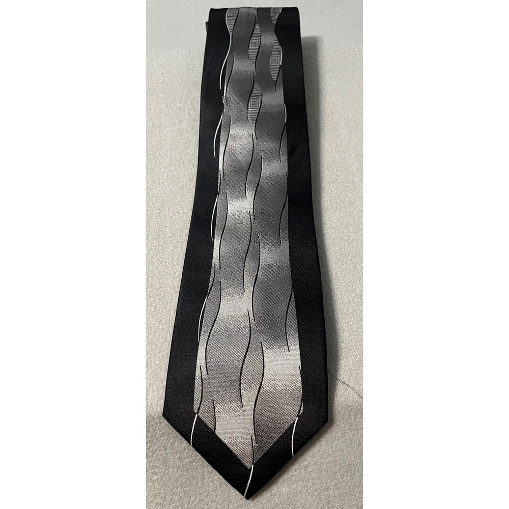 Enzo Brunatti Necktie Black Gray Wavy Pattern Silk Men's Tie Xtra long 67.5"‎